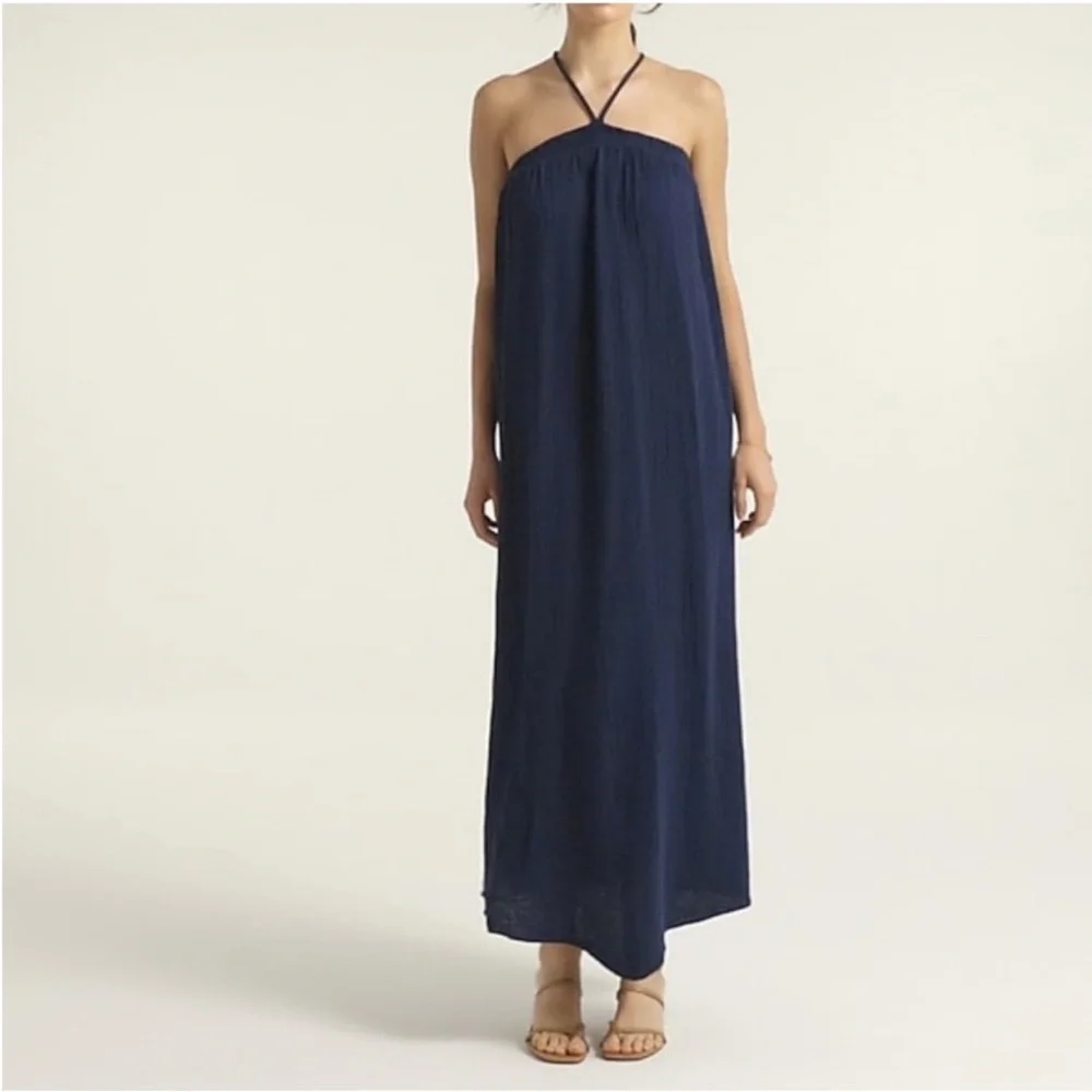 J. Crew Halter Maxi Dress In Soft Gauze Navy Blue 100% Cotton - XS
